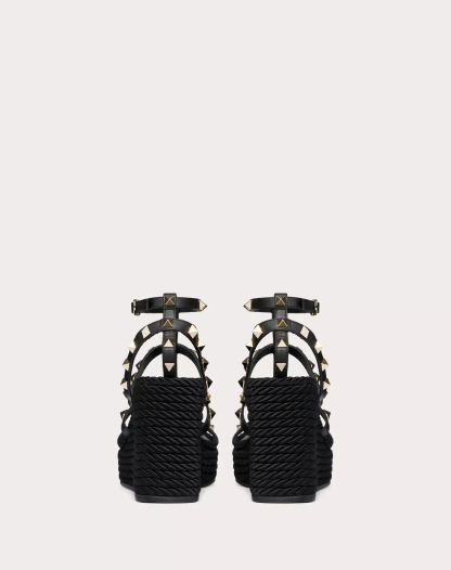 ROCKSTUD ANKLE STRAP WEDGE SANDAL IN CALFSKIN LEATHER 95 MM